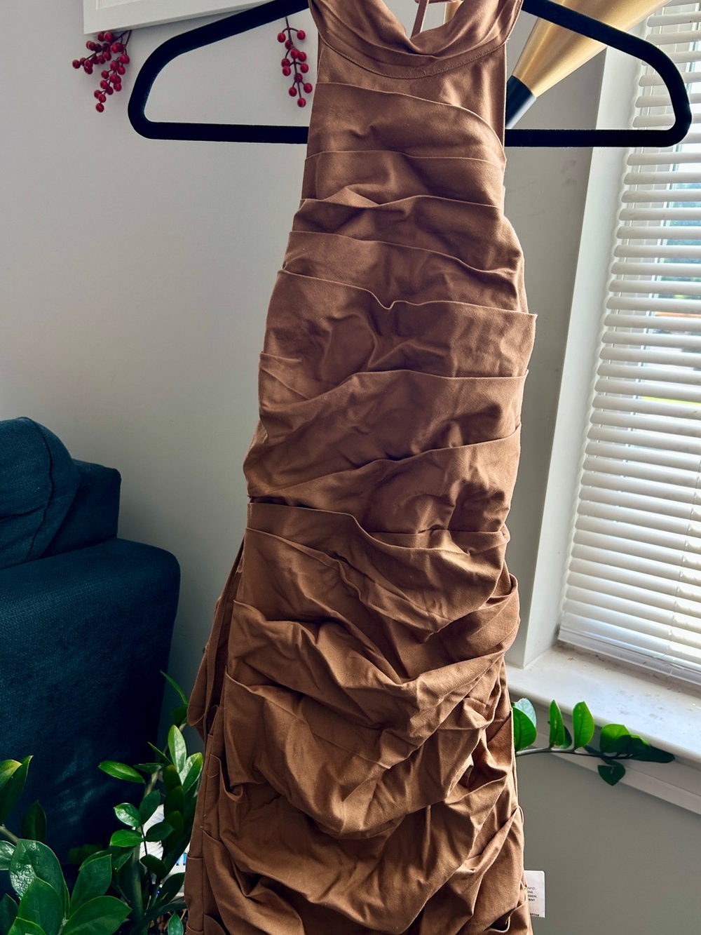 ASOS DESIGN Brown Ruched Halter Bodycon Midi Dress – US 4 / UK 8